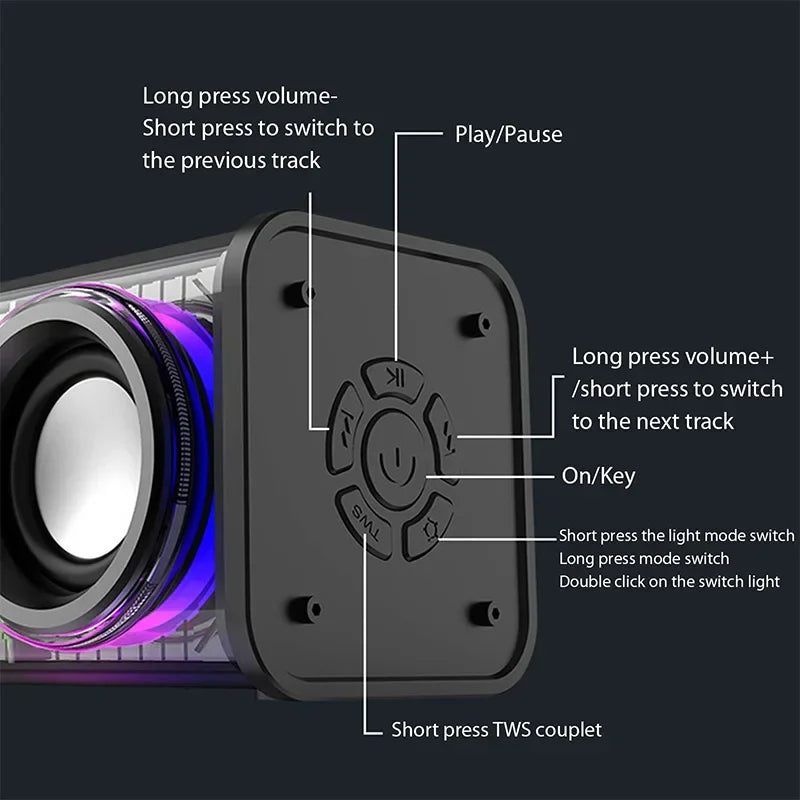 Black rectangular transparent mecha dual speakers with glowing purple blue led light and wireless bluetooth 5.0 subwoofer