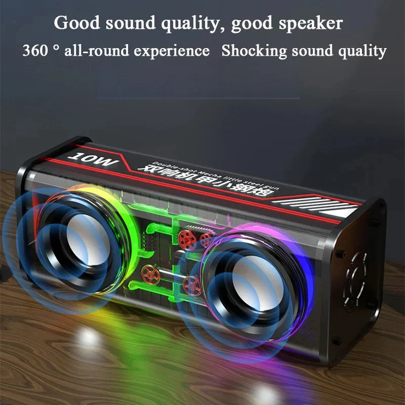 Black and red transparent mecha wireless double bass mini party loudspeaker with rgb lighting and Bluetooth 5.0 connectivity