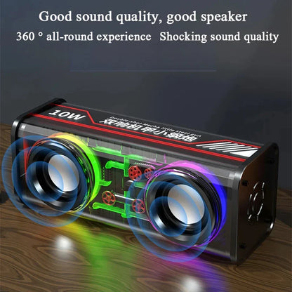 Black and red transparent mecha dual speakers bluetooth 5.0 wireless subwoofer with rgb led lights illuminating internal components