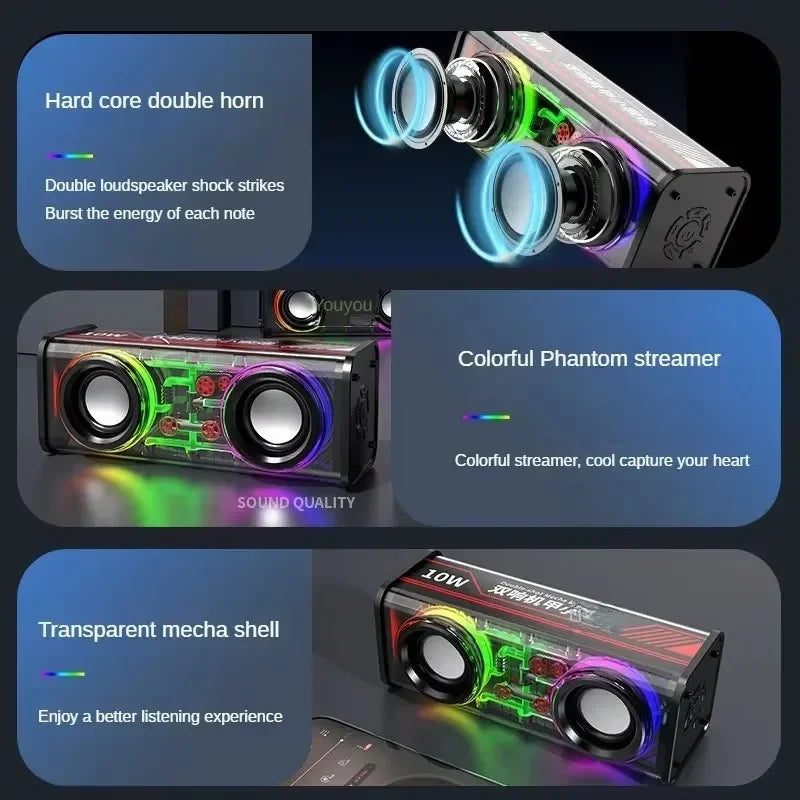 Transparent rectangular v8 mecha speakers with rgb lighting feature wireless double bass and bass diaphragm subwoofer for parties