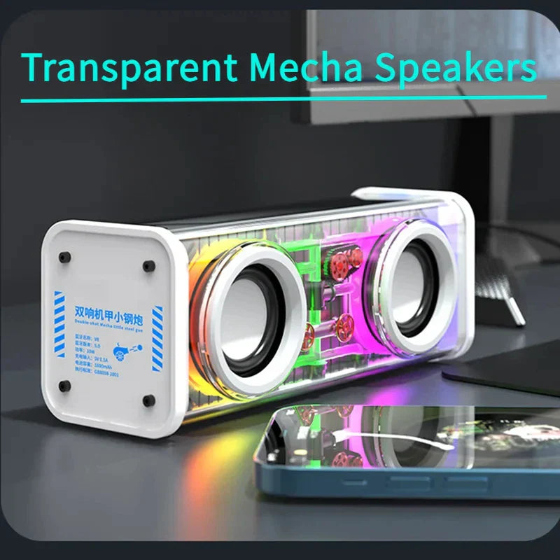 V8 transparent mecha wireless double bass mini party loudspeaker with clear casing and rgb light drivers visible inside