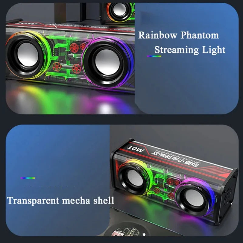 V8 transparent mecha wireless double bass mini party loudspeaker with clear casing, dual drivers, and rgb led lights