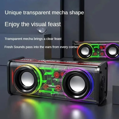 V8 transparent mecha speaker with glowing rgb lighting, visible components, wireless double bass bass diaphragm subwoofer mini party loudspeaker