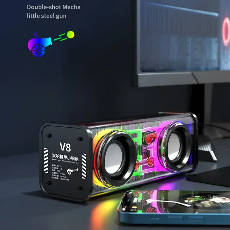 V8 transparent mecha wireless double bass mini party loudspeaker with clear casing and dual circular drivers