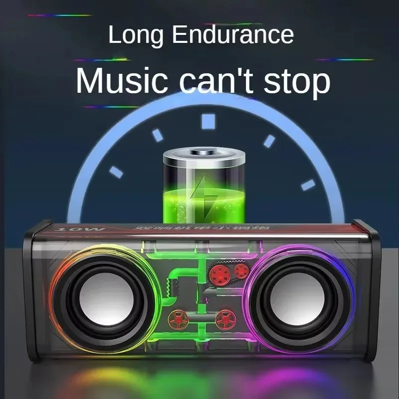 A sleek transparent v8 mecha speaker with rgb lighting, wireless double bass diaphragm subwoofer and mini party loudspeaker