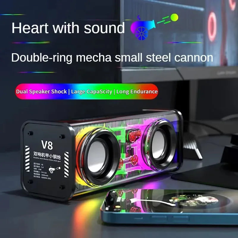 V8 transparent mecha speakers feature dual speakers with rainbow led lighting in a sleek transparent rectangular casing