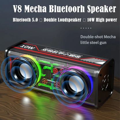 V8 transparent mecha bluetooth speaker with dual speakers, sleek black and red design, glowing green components, wireless music