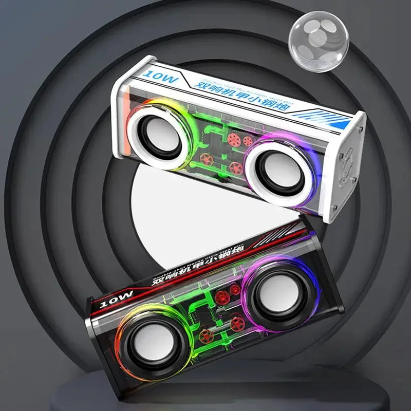 White and black dual-speaker transparent mecha wireless double bass mini party loudspeaker with rgb lighting and circuitry
