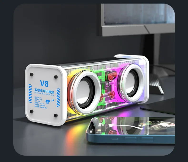 Transparent mecha wireless double bass mini party loudspeaker with white casing, two drivers, and rgb led lighting