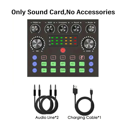 Black rectangular v8s live sound card with silver knobs and led indicators for podcast equipment bundle recording live streaming