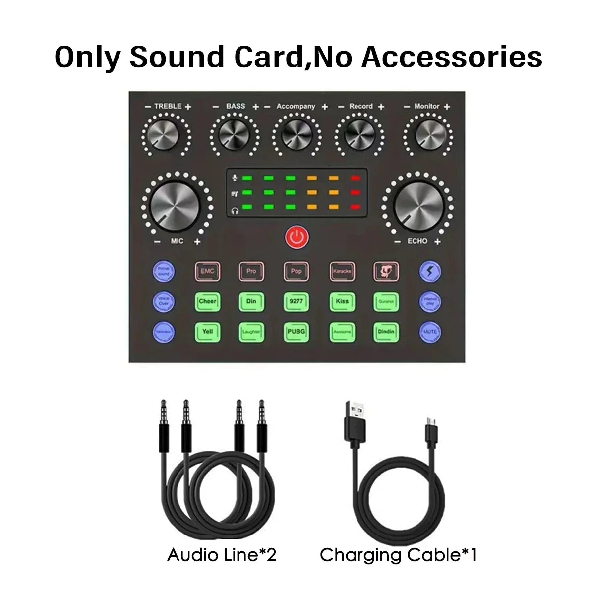 Black rectangular sound card with silver knobs and colorful led indicators in v8s live sound podcast equipment bundle