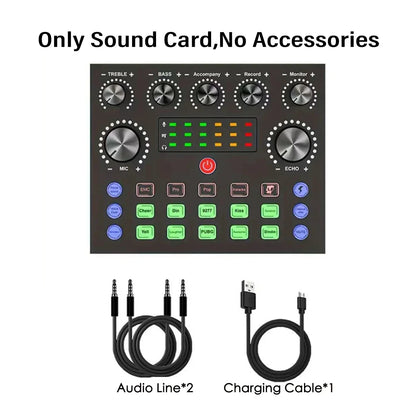 Black rectangular sound card with silver knobs and colorful led indicators in v8s live sound podcast equipment bundle