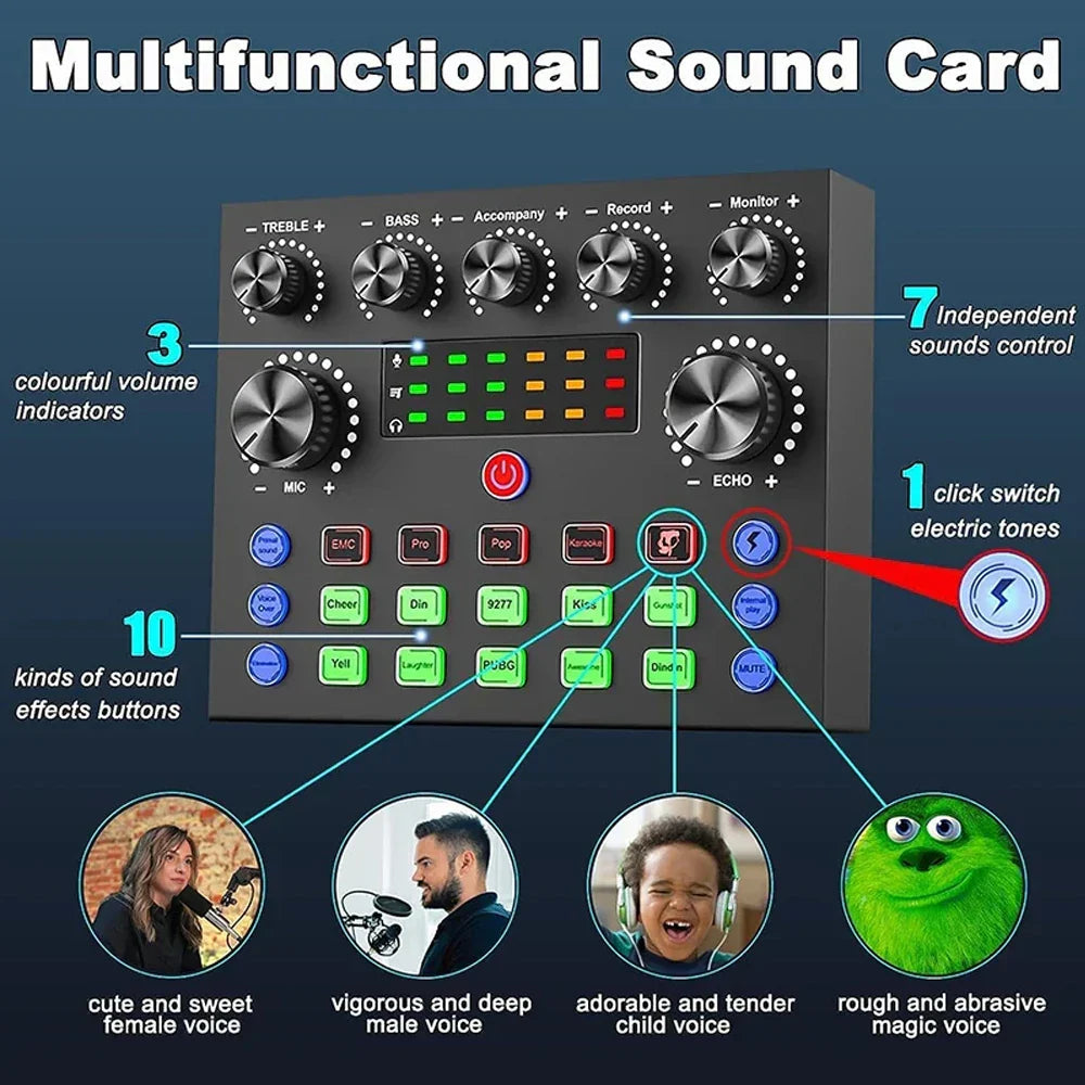 Black multifunctional v8s live sound card podcast equipment bundle with silver knobs and colorful led volume indicators