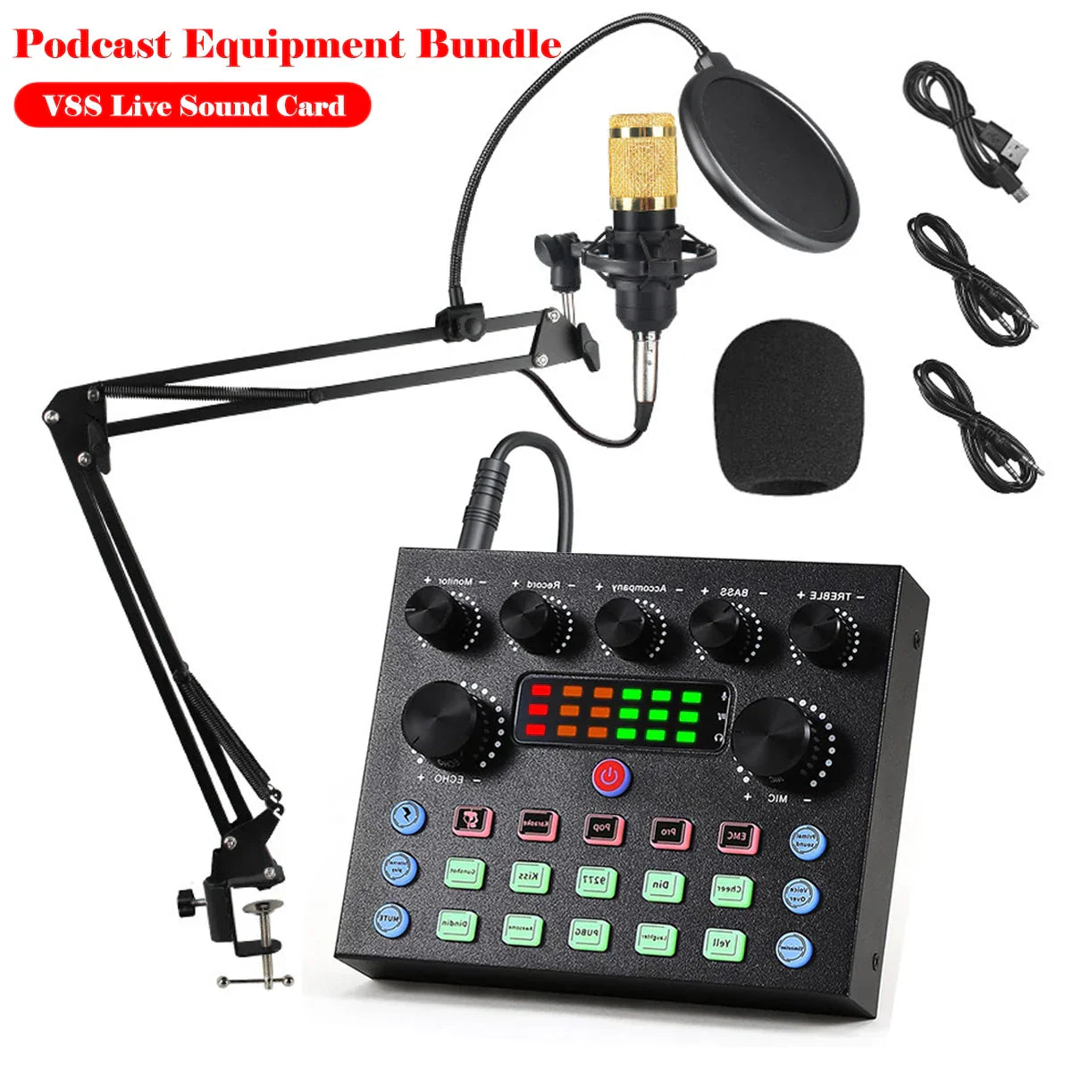 Black v8s live sound card with colorful led display and control knobs mounted on adjustable arm next to gold microphone for podcast equipment bundle recording live streaming