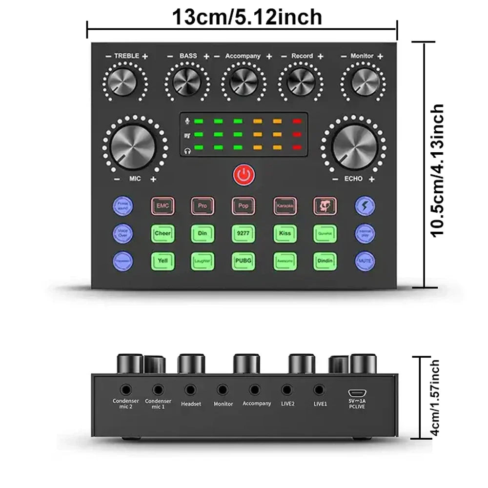 Black compact v8s live sound card podcast equipment bundle with silver knobs green red led indicators and multiple ports