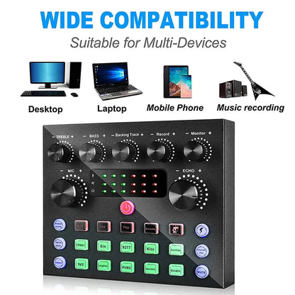Black rectangular usb audio interface with knobs led indicators and buttons for v8s live sound card podcast equipment bundle