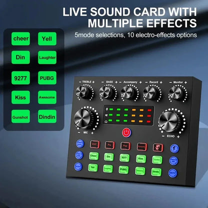 Black rectangular v8s live sound card with multiple effect buttons and rotary knobs for podcast equipment bundle use