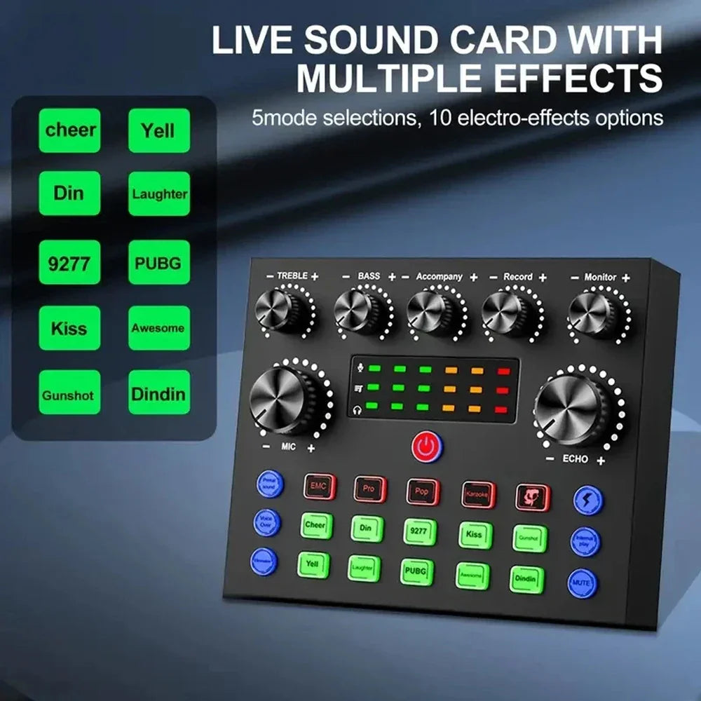 Black rectangular v8s live sound card with effect buttons and knobs for podcast equipment bundle recording live streaming