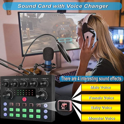 Black v8s live sound card podcast equipment bundle with voice changer knobs buttons and digital display for streaming