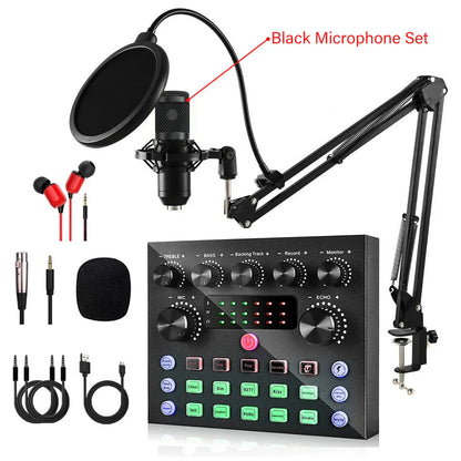 Black microphone set with pop filter and adjustable arm in sleek metallic finish for v8s live sound card podcast equipment bundle