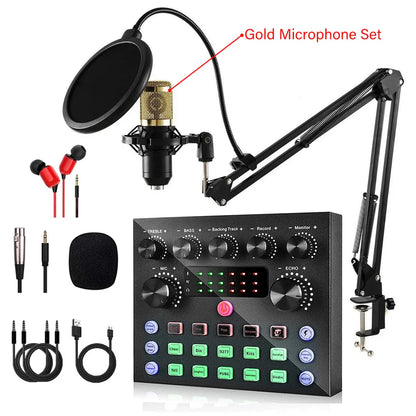 Gold-colored microphone with mesh grille on black adjustable arm and pop filter in v8s live sound podcast equipment bundle