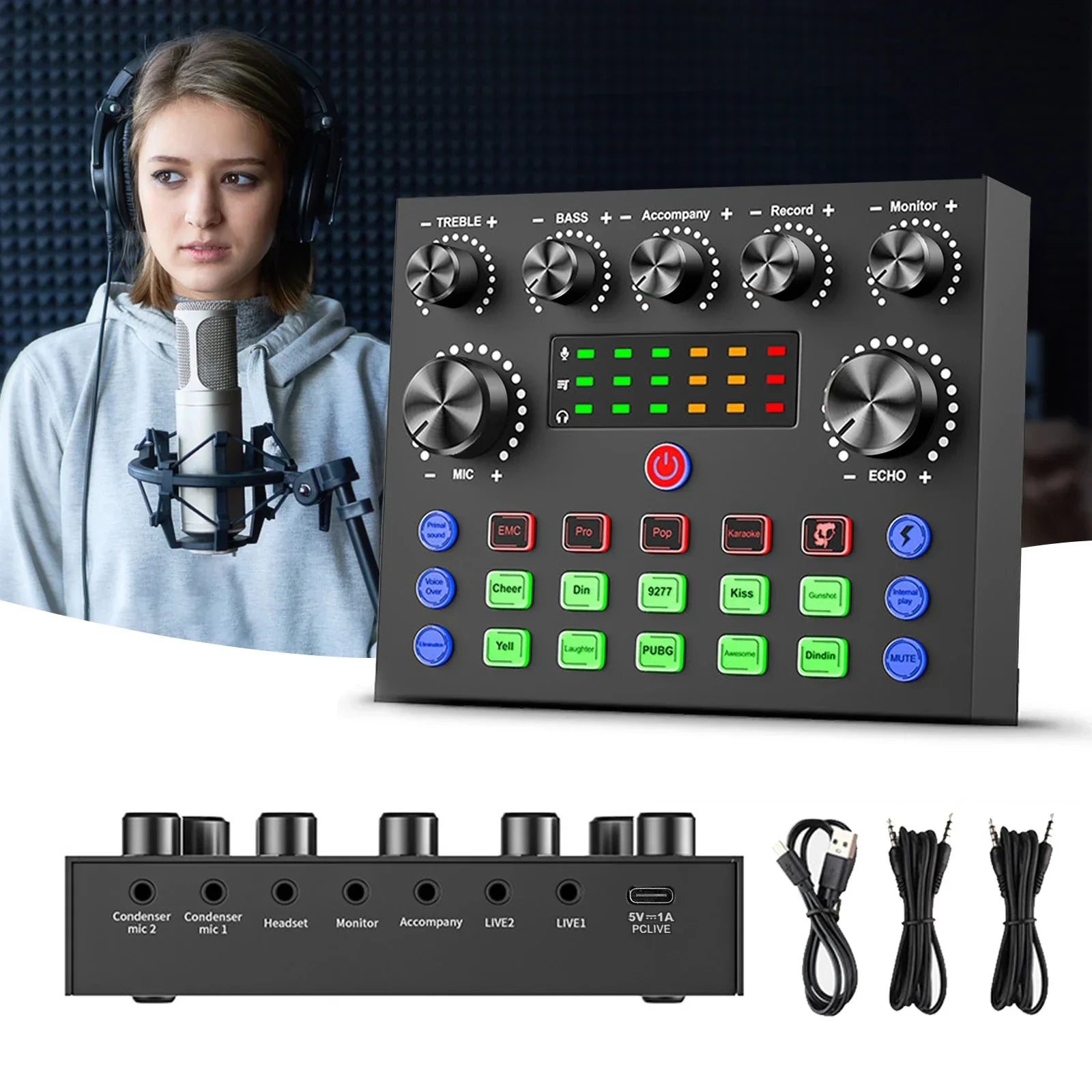 Black v8s professional sound card with silver knobs, colorful buttons, voice changer, and multiple ports for gaming karaoke live use