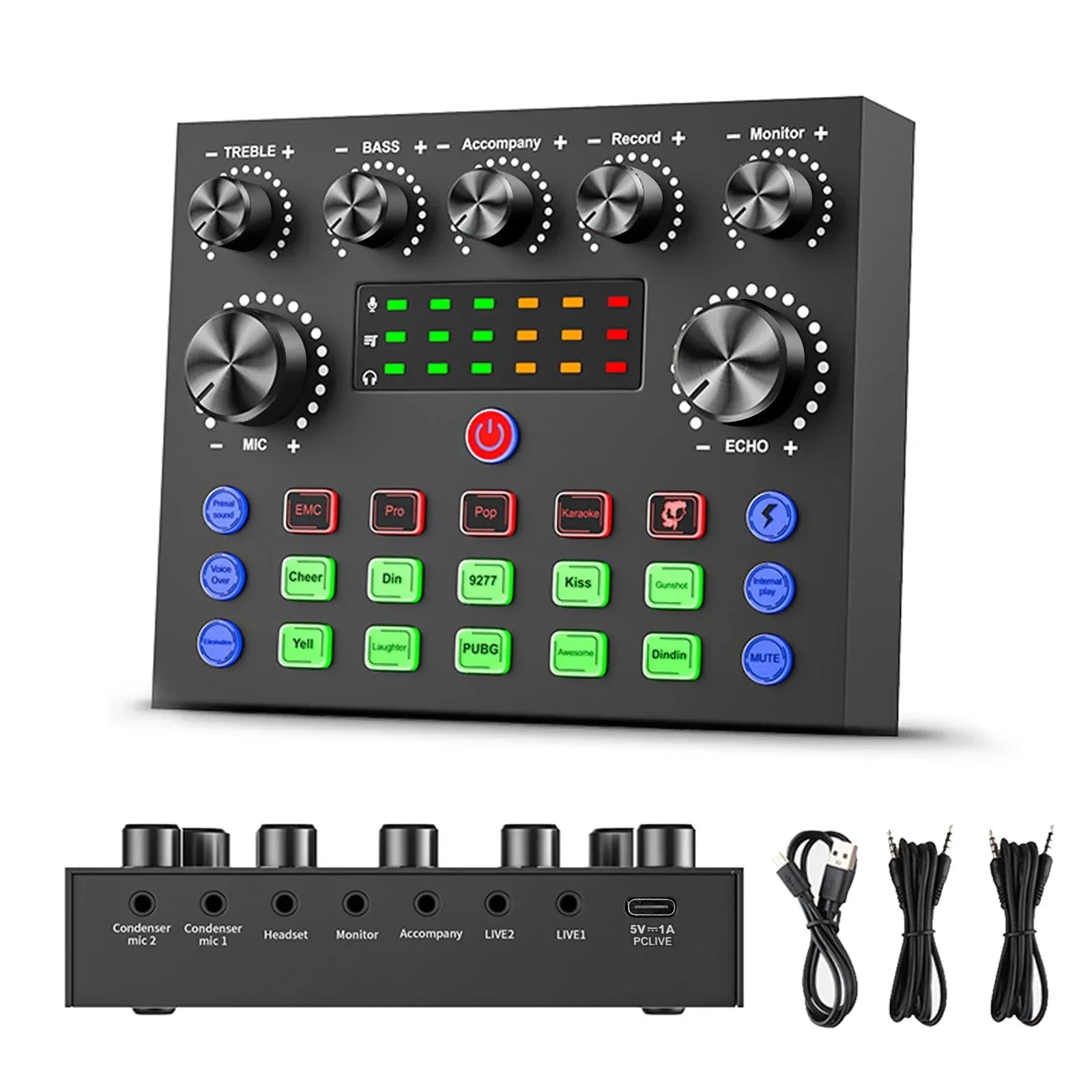 Black rectangular v8s professional sound card with silver knobs colorful led indicators and voice changer for gaming karaoke live use