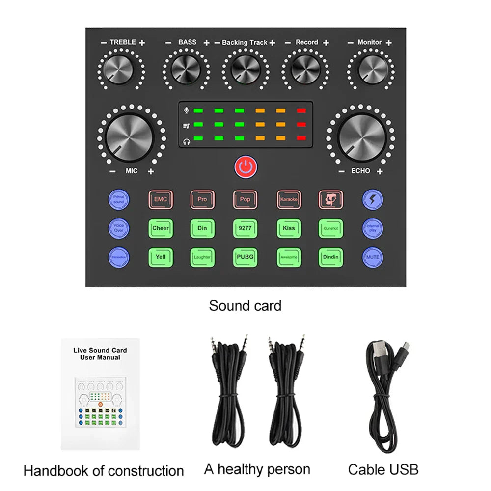 Black rectangular v8s professional sound card with silver knobs colorful led indicators red power button for gaming karaoke live voice changer