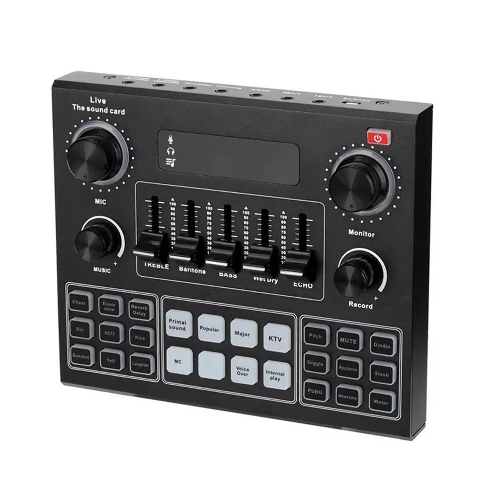 Black rectangular audio interface with knobs sliders and labeled buttons for pro usb microphone webcast live studio recording