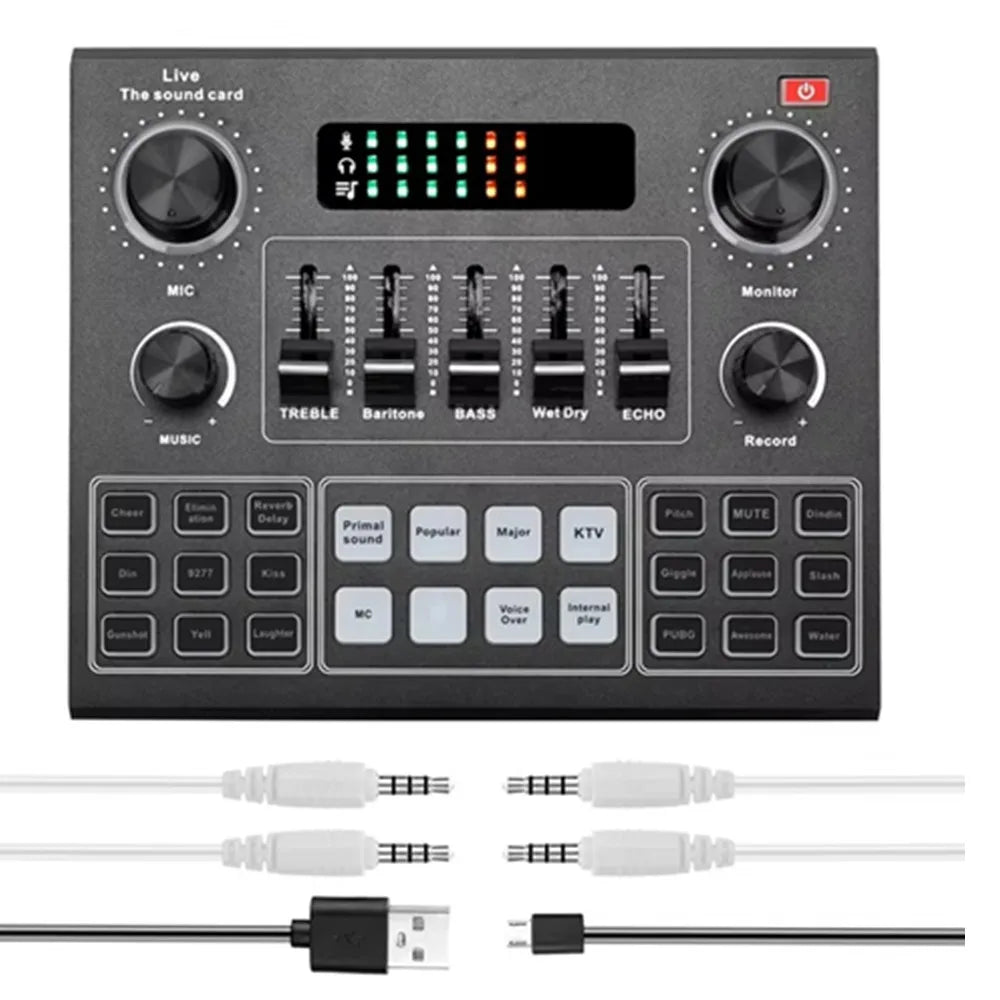 Black rectangular v9 sound card pro usb microphone audio interface with knobs and sliders for microphone webcast live recording