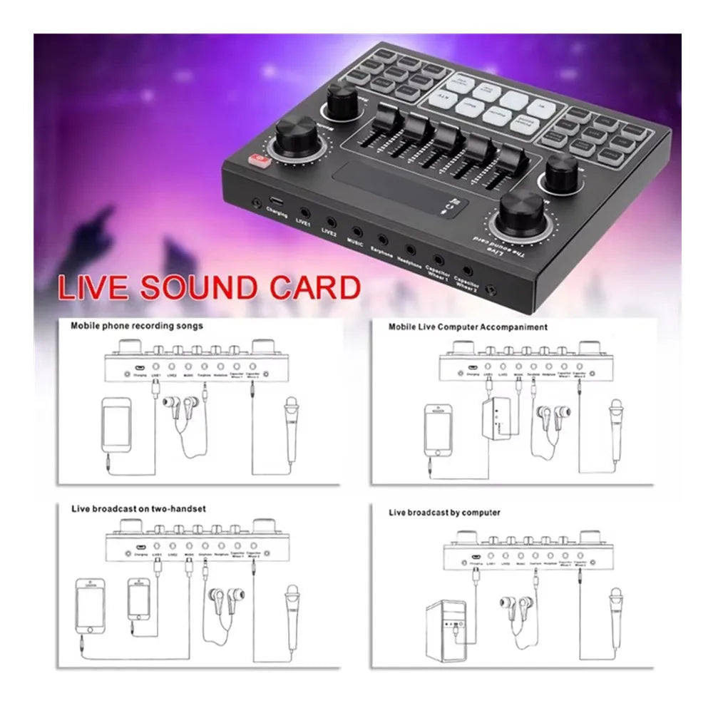 Black rectangular audio interface V9 sound card with knobs and ports for pro usb microphone and microphone webcast live use