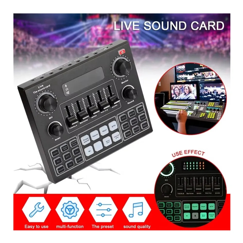Black rectangular pro usb microphone audio interface sound card with knobs and sliders for microphone webcast live recording