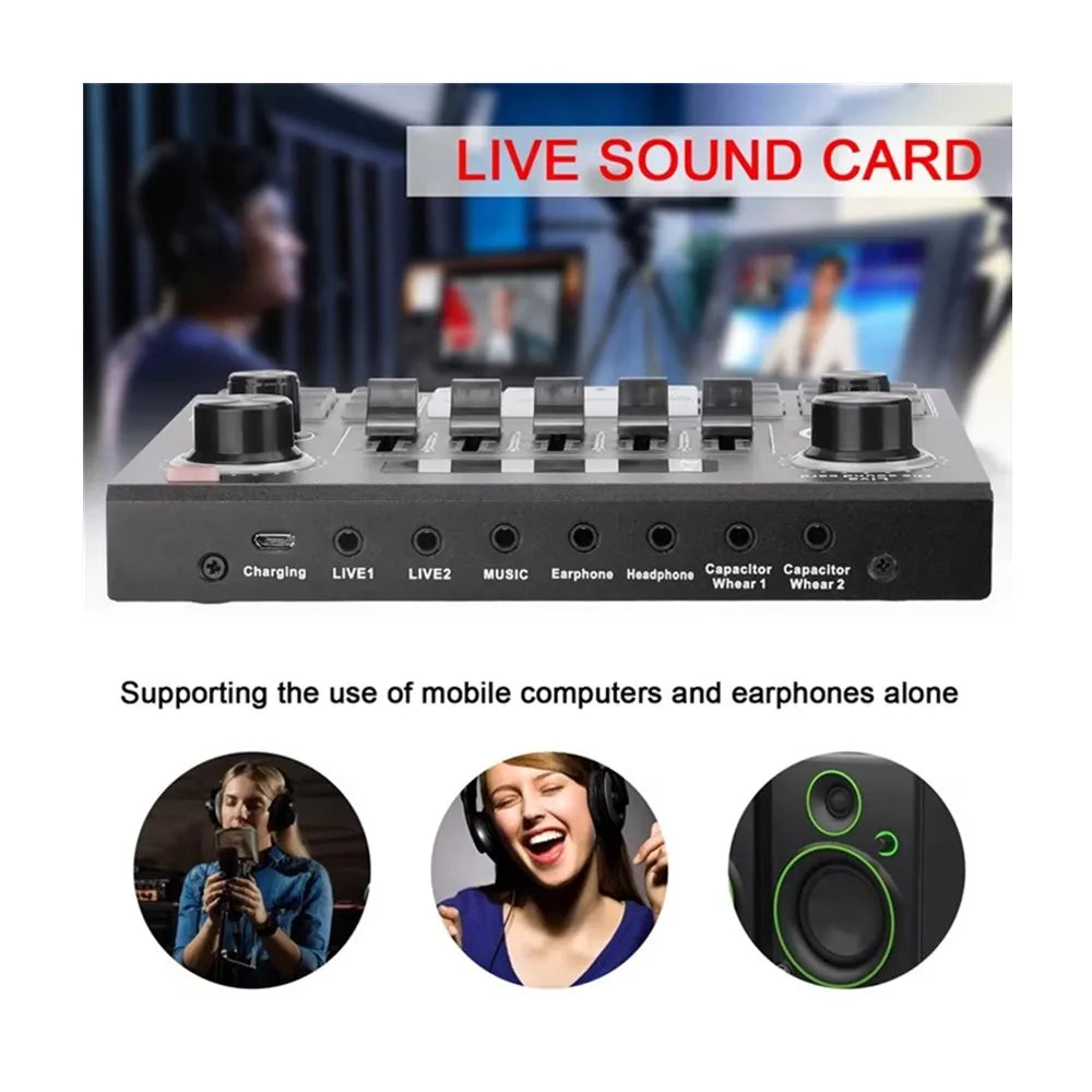 Black v9 sound card audio interface with multiple ports and rotary knobs for pro usb microphone webcast live recording