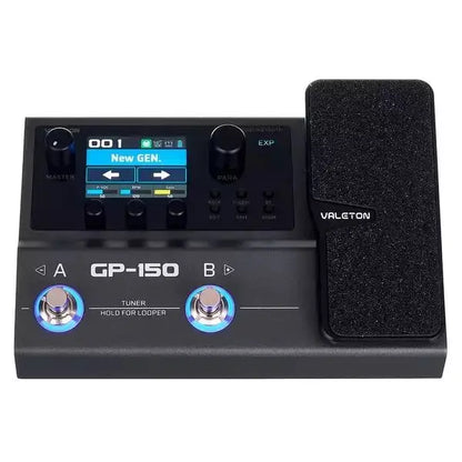 Black Valeton GP-150 multi-effects processor with digital display, tuner, expression control, and power supply for electric guitar