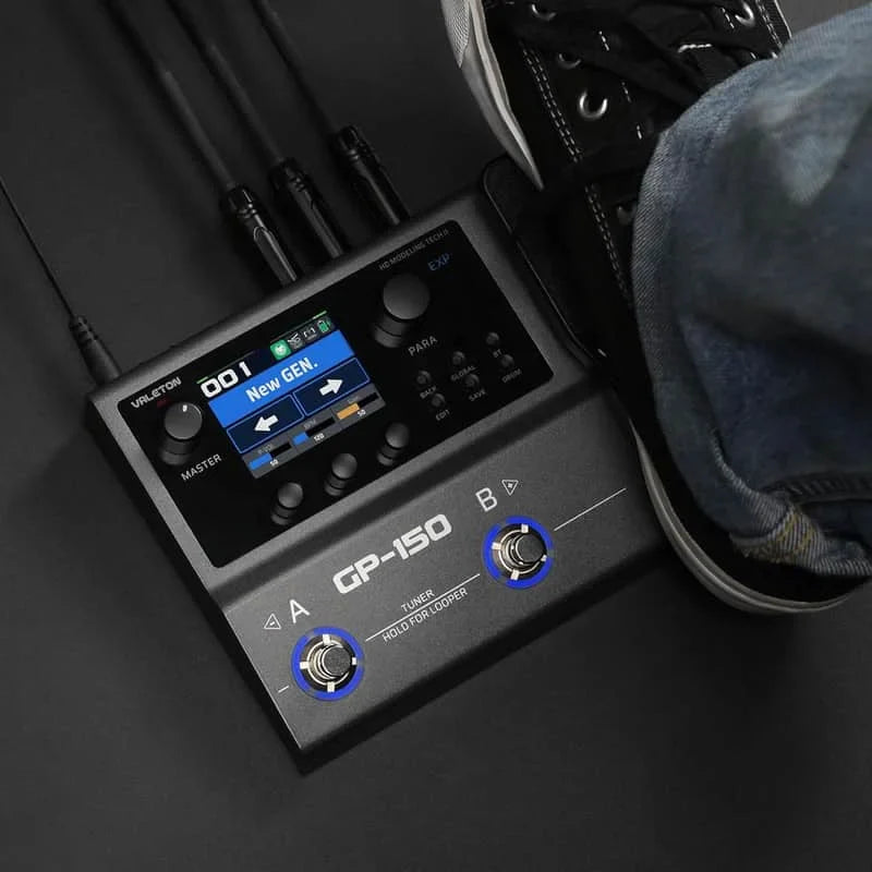 Black valeton gp-150 multi-effects processor with hd modelling digital display and blue footswitches for electric guitar power supply compatible effects supports loading