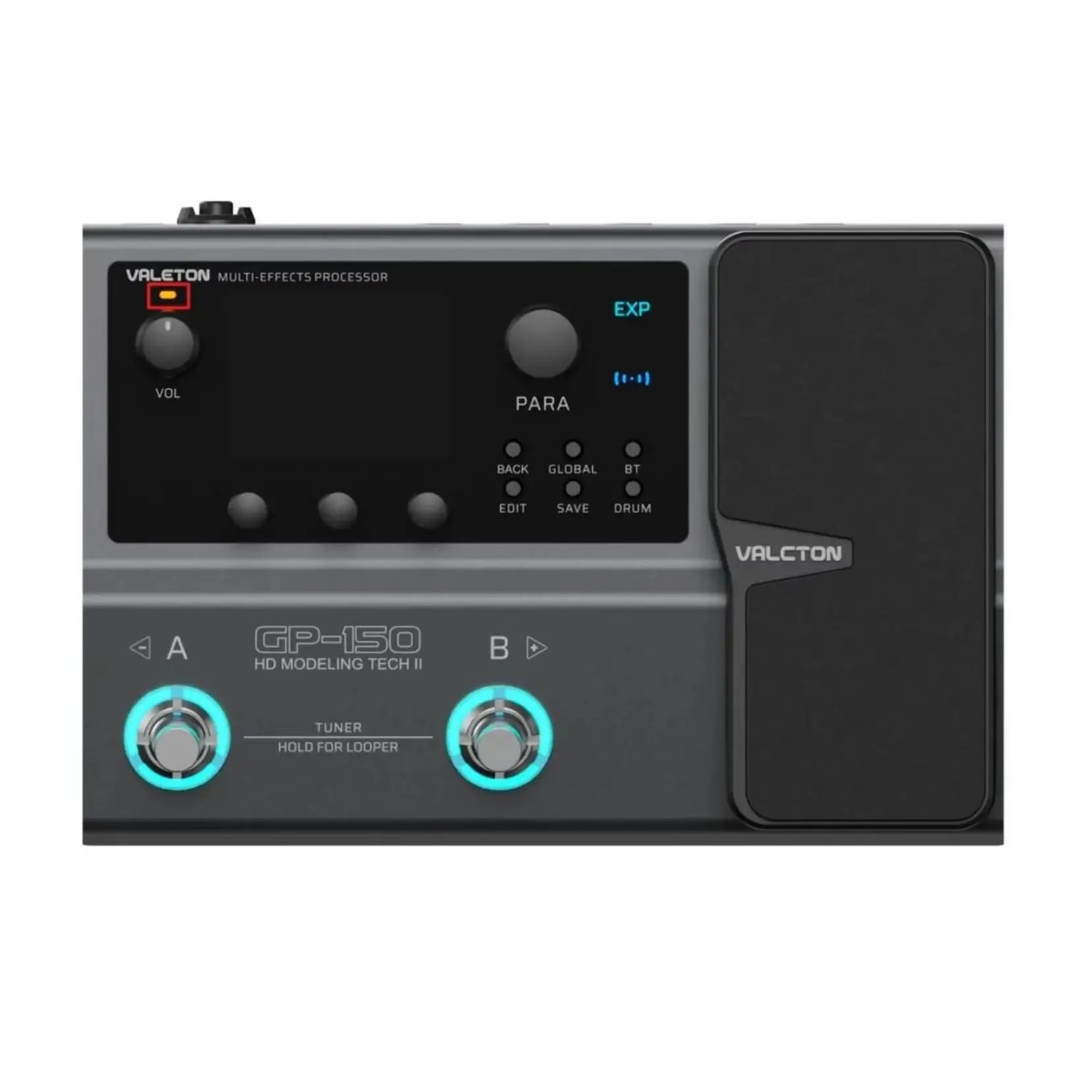 Gray valeton gp-150 hd modeling tech ii multi-effects processor with illuminated blue led accents for electric guitar effects supports loading power supply