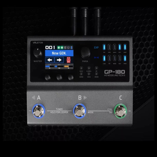 Valeton gp-180 multi-effects processor silver with black display blue backlit controls three footswitches a b c and snap tone technology