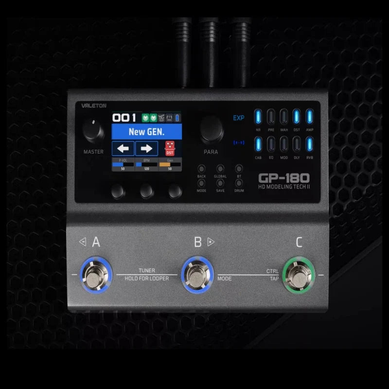 Silver Valeton GP-180 multi-effects guitar processor with black display, blue backlit controls, and three labeled footswitches