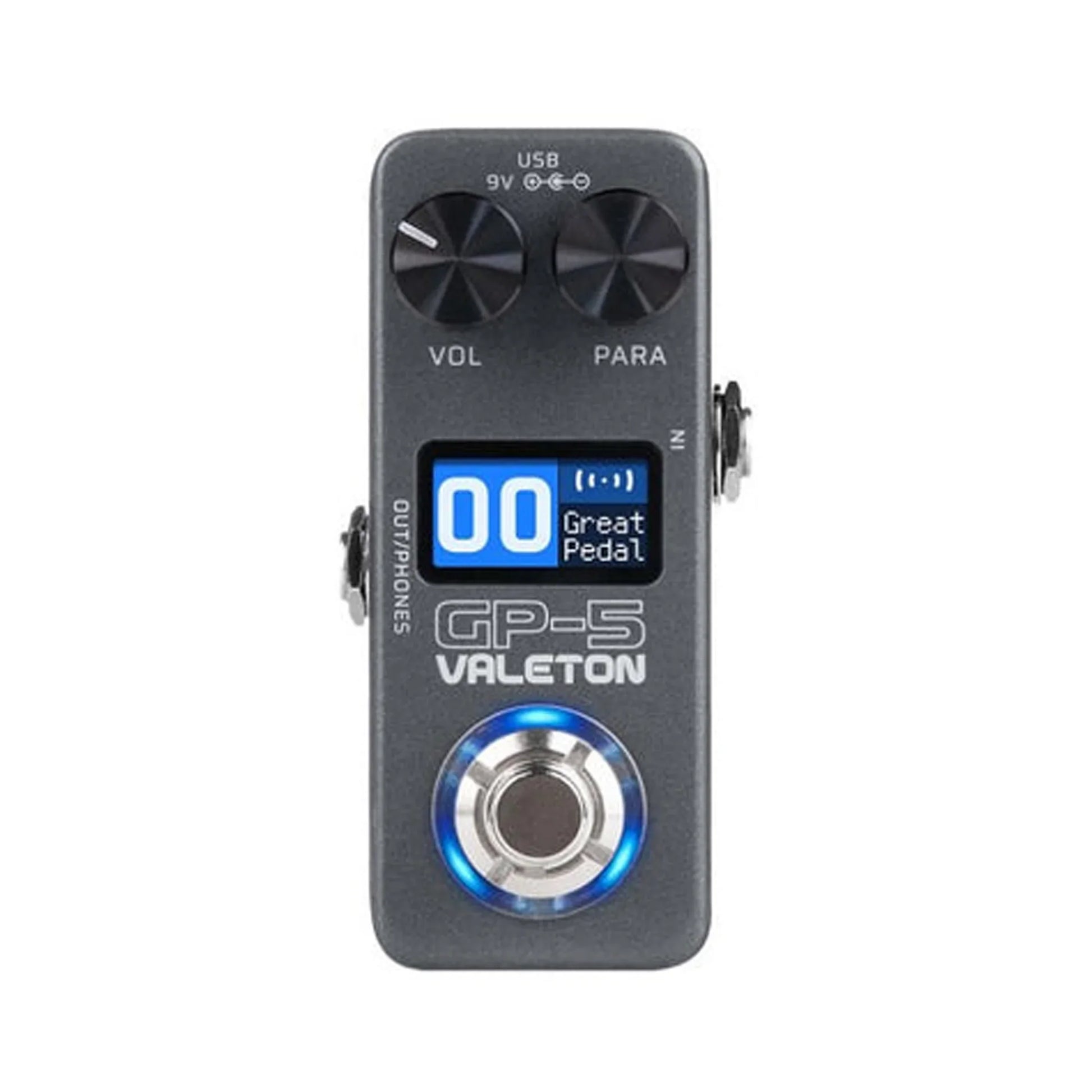Black valeton gp-5 electric guitar mix pedal with blue lit footswitch, analog drum machine, sound card recording display