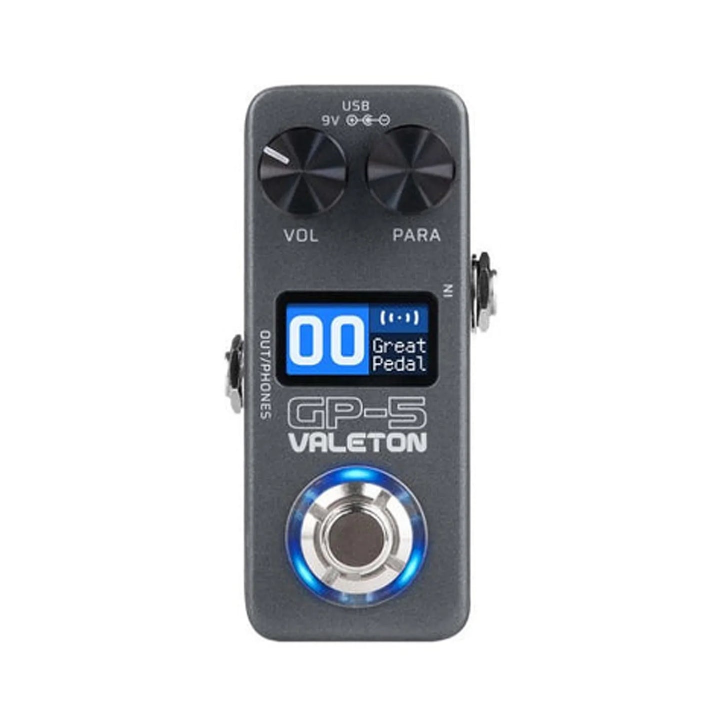 Black valeton gp-5 electric guitar mix pedal with blue-lit footswitch vol para knobs and analog drum machine display