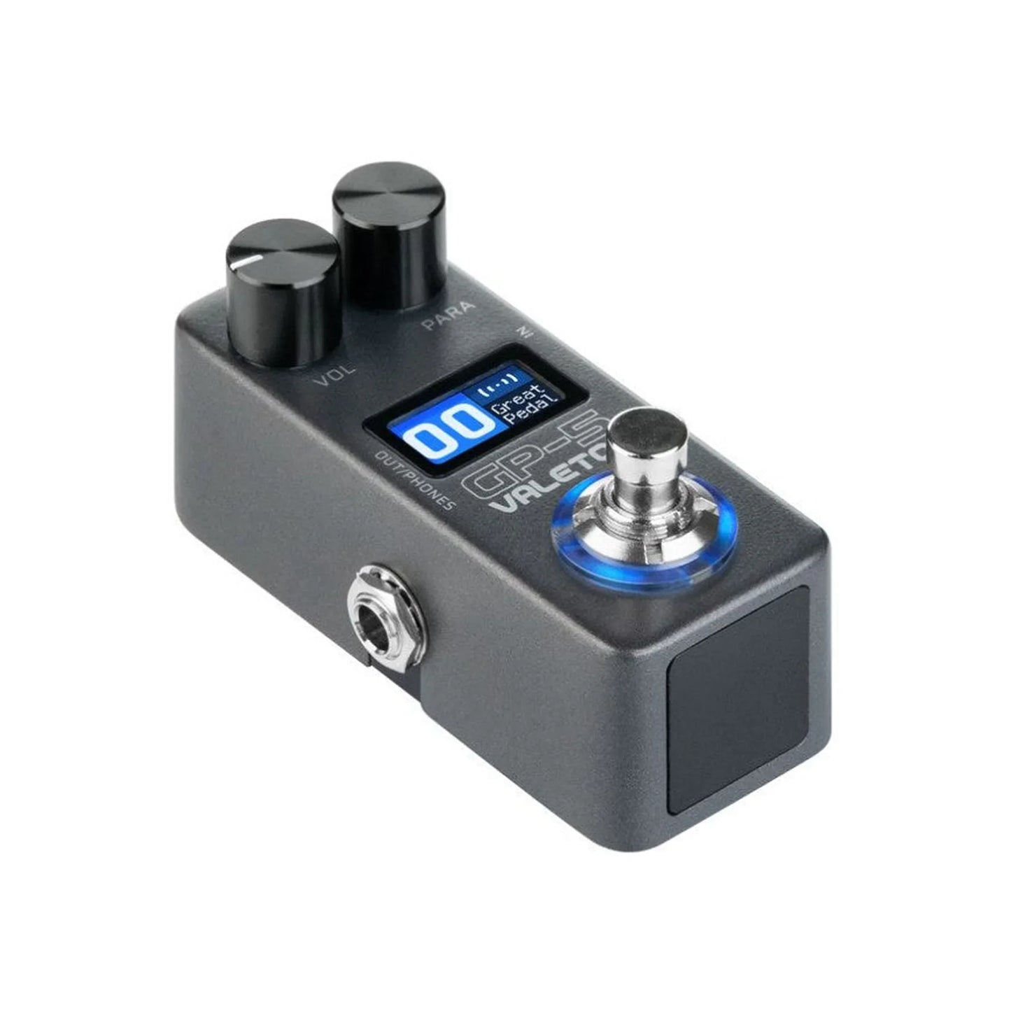Black valeton gp-5 electric guitar mix bass single cabinet analog drum machine pedal with blue-lit digital display and silver footswitch