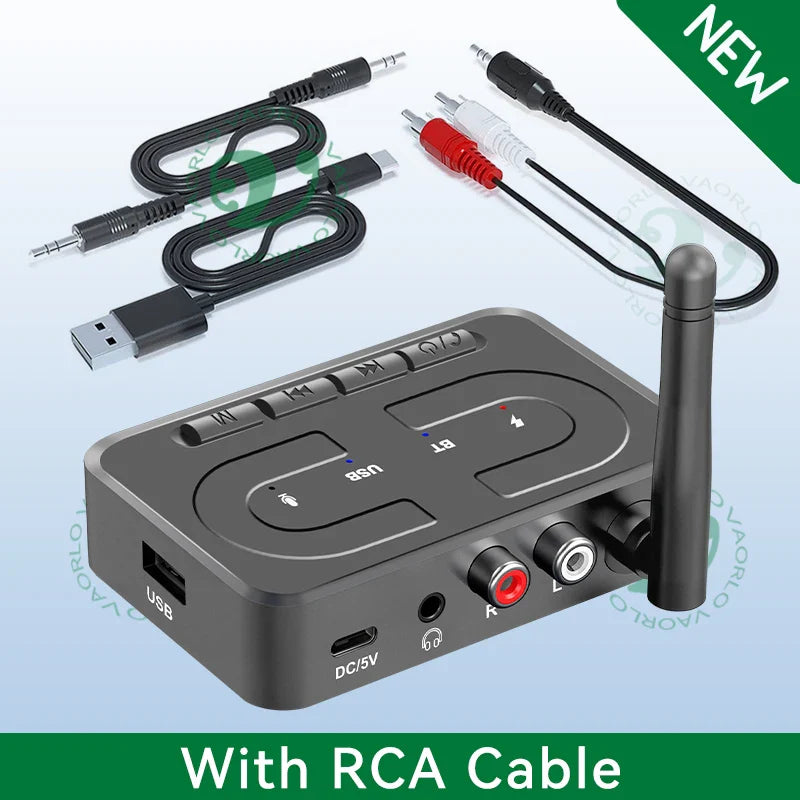 Black rectangular vaorlo bluetooth 6.0 stereo wireless adapter with mic hifi stereo for car speaker amp showing ports and buttons