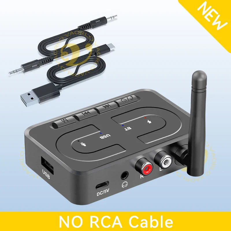 Black VAORLO Bluetooth 6.0 stereo wireless adapter with mic hifi stereo, RCA inputs, and USB ports for car speaker amp