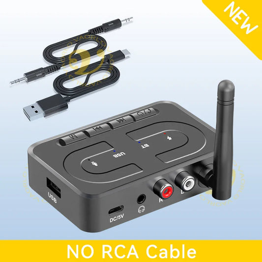 Black VAORLO Bluetooth 6.0 stereo wireless adapter with mic hifi stereo, RCA inputs, and USB ports for car speaker amp