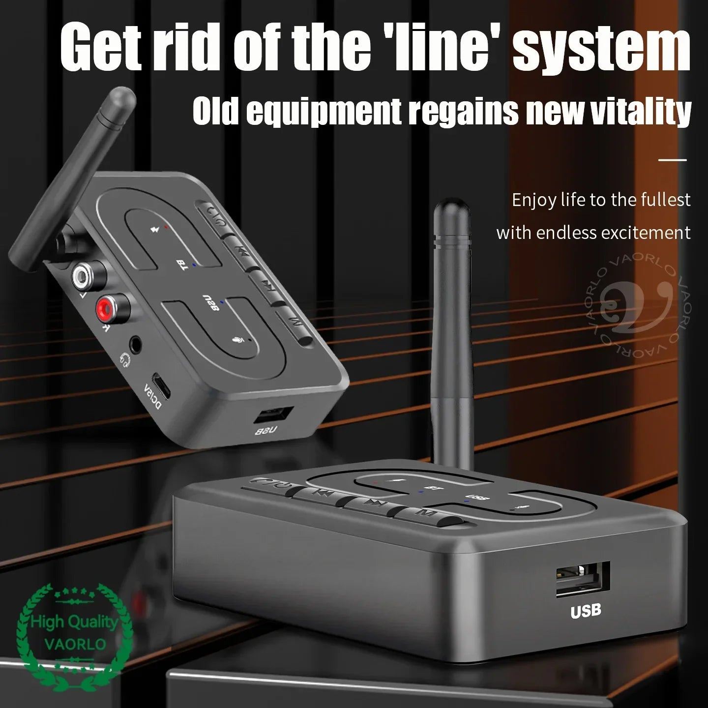 Black vaorlo bluetooth 6.0 stereo wireless adapter with mic hifi stereo support for car speaker amp and usb ports