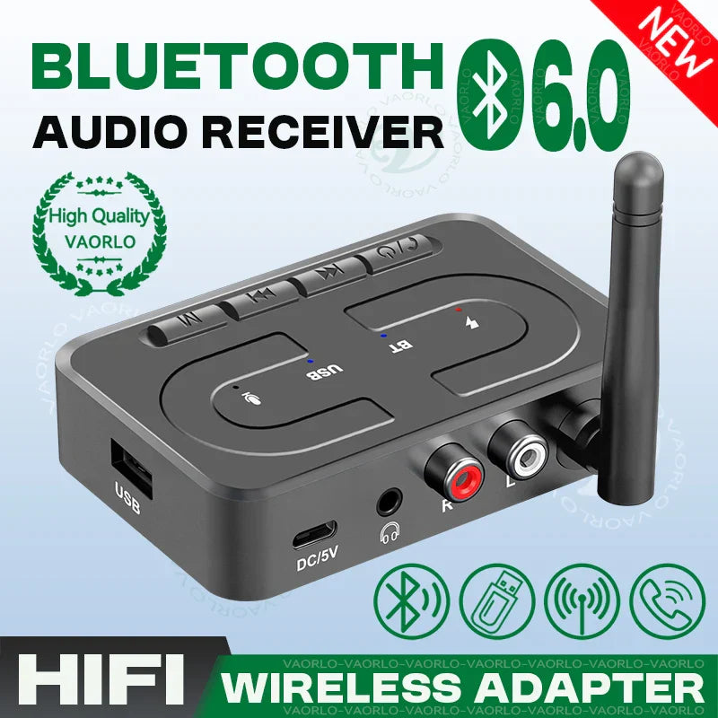 Black vaorlo bluetooth 6.0 stereo wireless adapter with antenna usb and rca ports for car speaker amp and mic hifi stereo