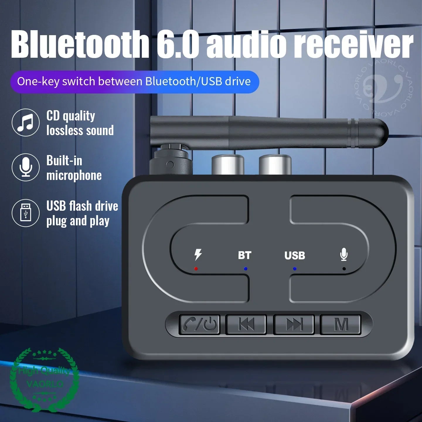 Black vaorlo bluetooth 6.0 stereo wireless adapter with mic hifi stereo and retractable antenna for car speaker amp