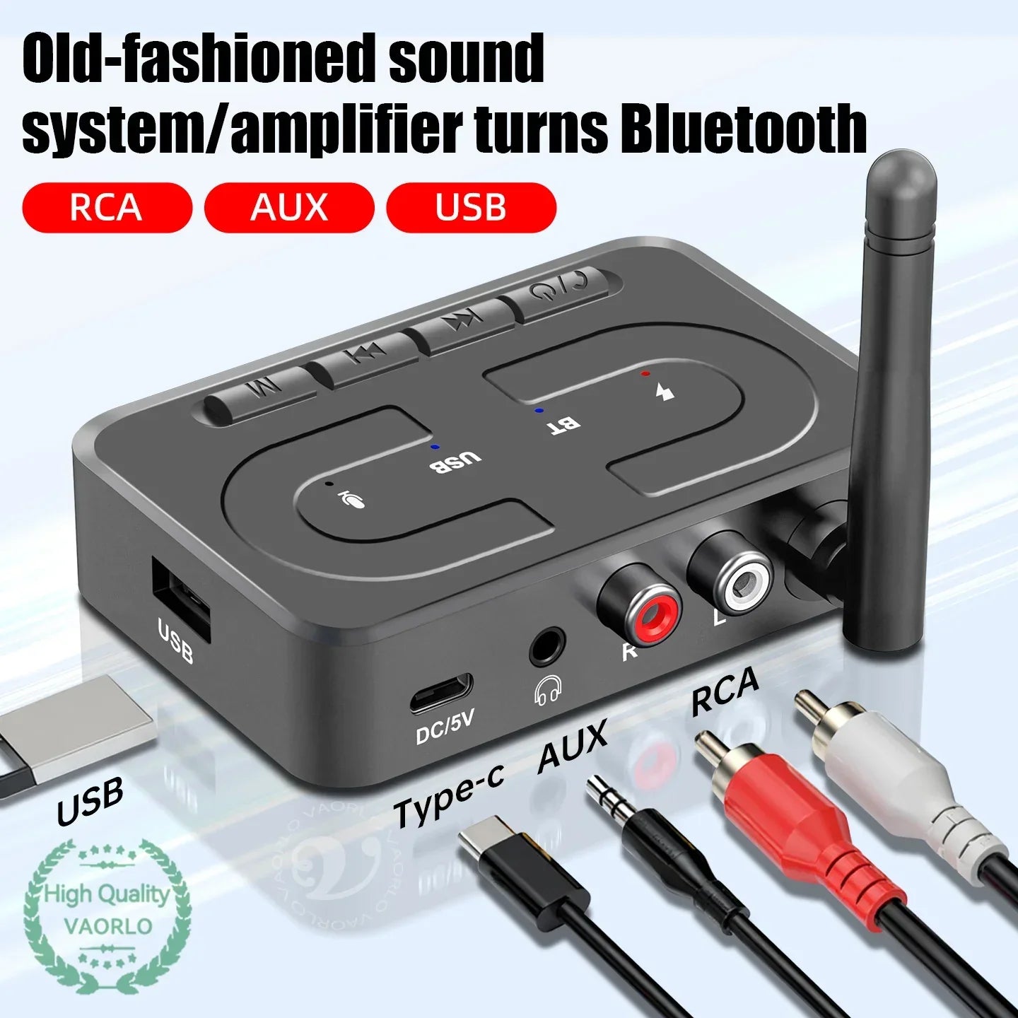 Black vaorlo bluetooth 6.0 stereo wireless adapter with mic hifi stereo, rca, aux, and usb ports for car speaker amp