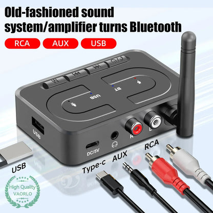 Black vaorlo bluetooth 6.0 stereo wireless adapter with mic hifi stereo, rca, aux, and usb ports for car speaker amp