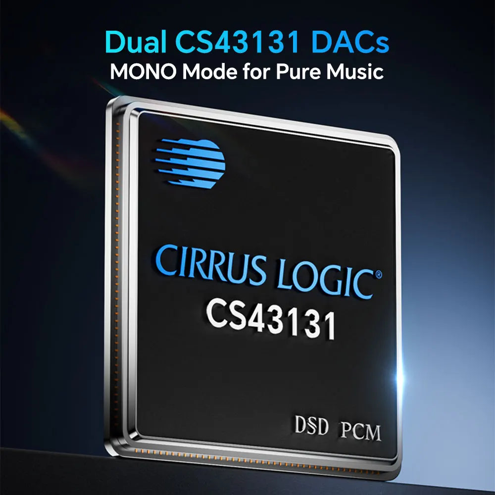 Black rectangular circuit board with silver edges and blue cirrus logic cs43131 text in tempotec corp digital audio player
